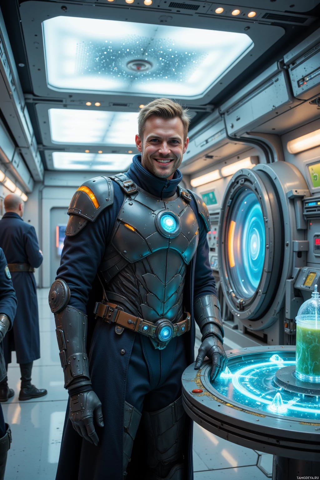 A person in futuristic armor stands inside a spaceship, smiling.