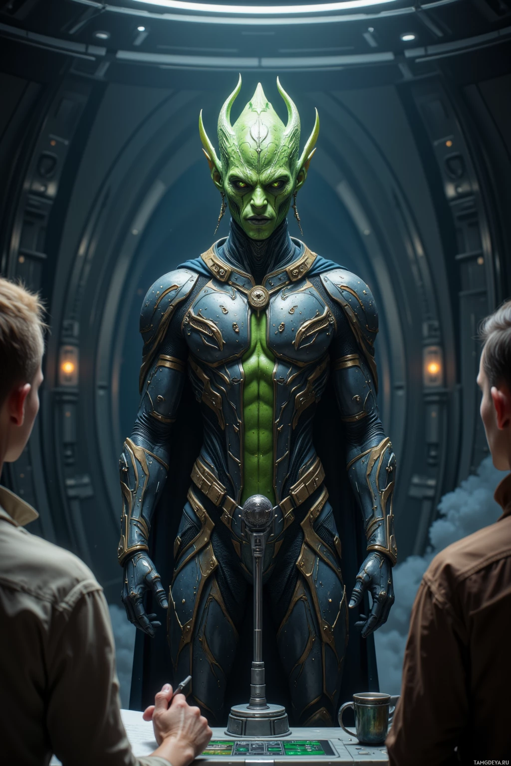A green-skinned alien in ornate armor stands in a futuristic setting, facing two individuals seated at a console.