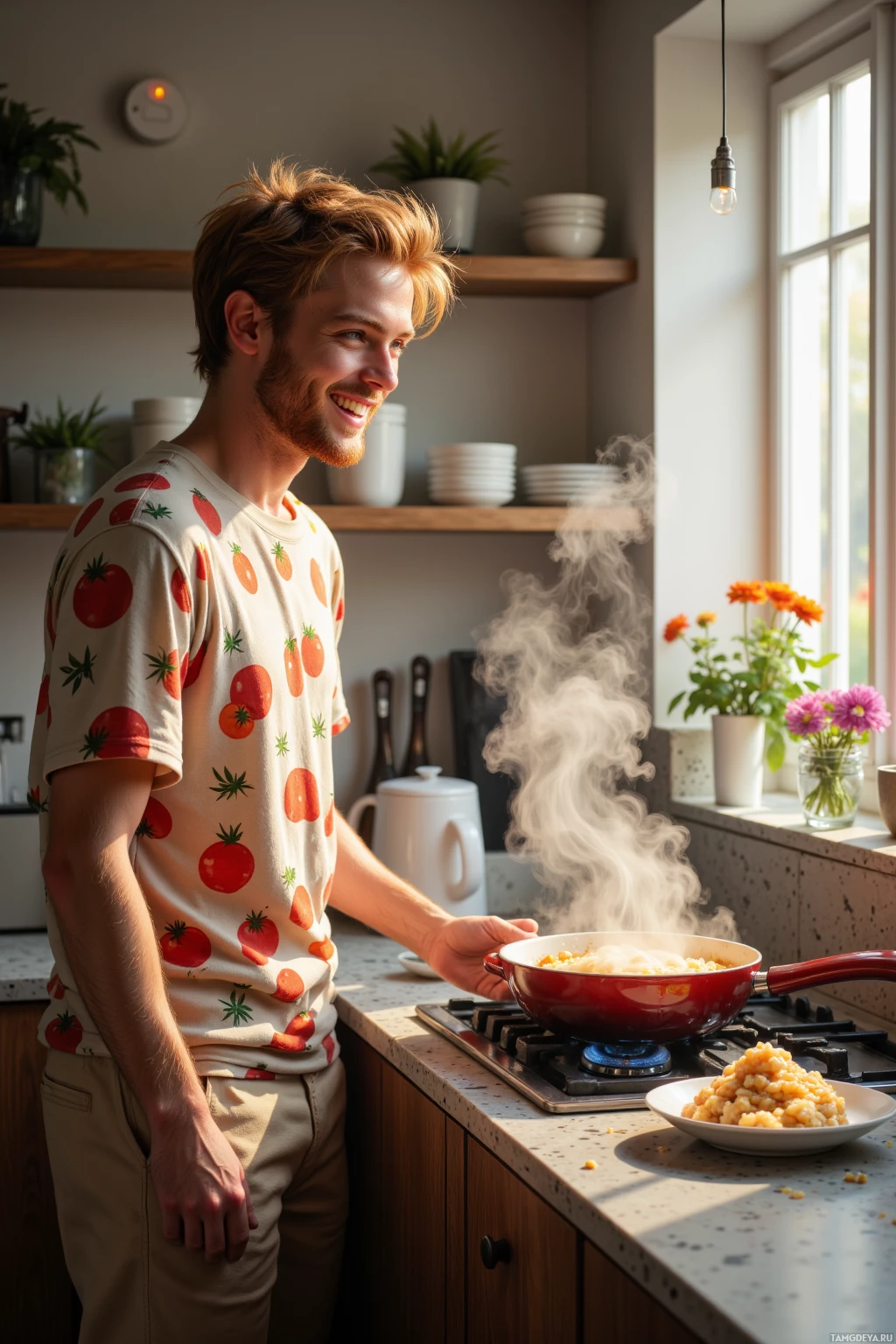 A man in a tomato-patterned shirt smiles while cooking in a kitchen.