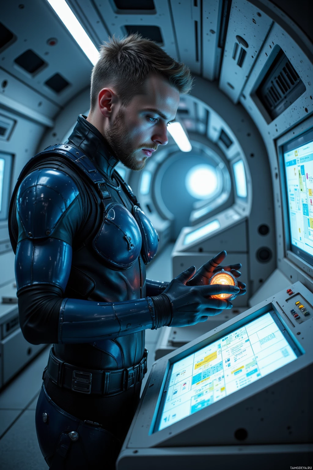 A person in a futuristic suit operates a control panel in a spaceship.