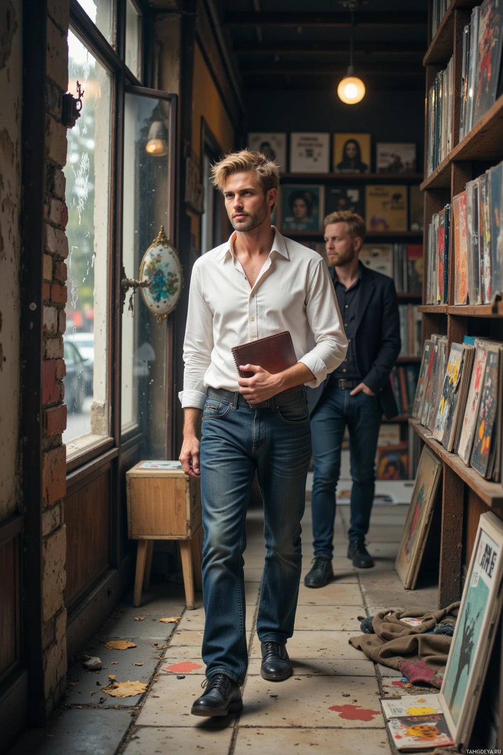 A man in a white shirt and jeans walks through a narrow, book-filled corridor.