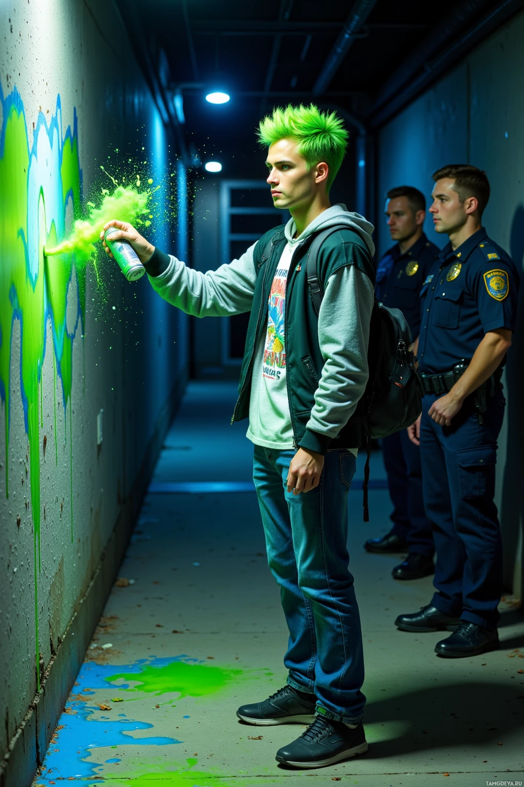 A young man with green hair spray paints a wall while two police officers observe in a dimly lit corridor.