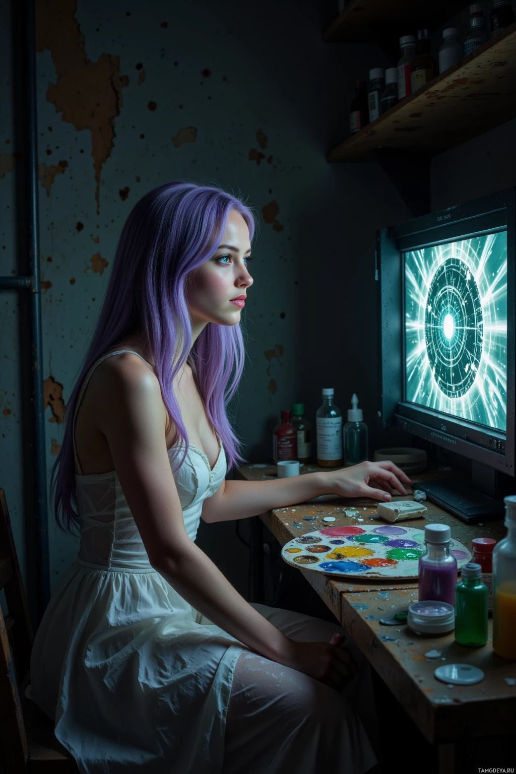 A person with purple hair sits at a desk with a computer displaying a glowing circular pattern, surrounded by art supplies.