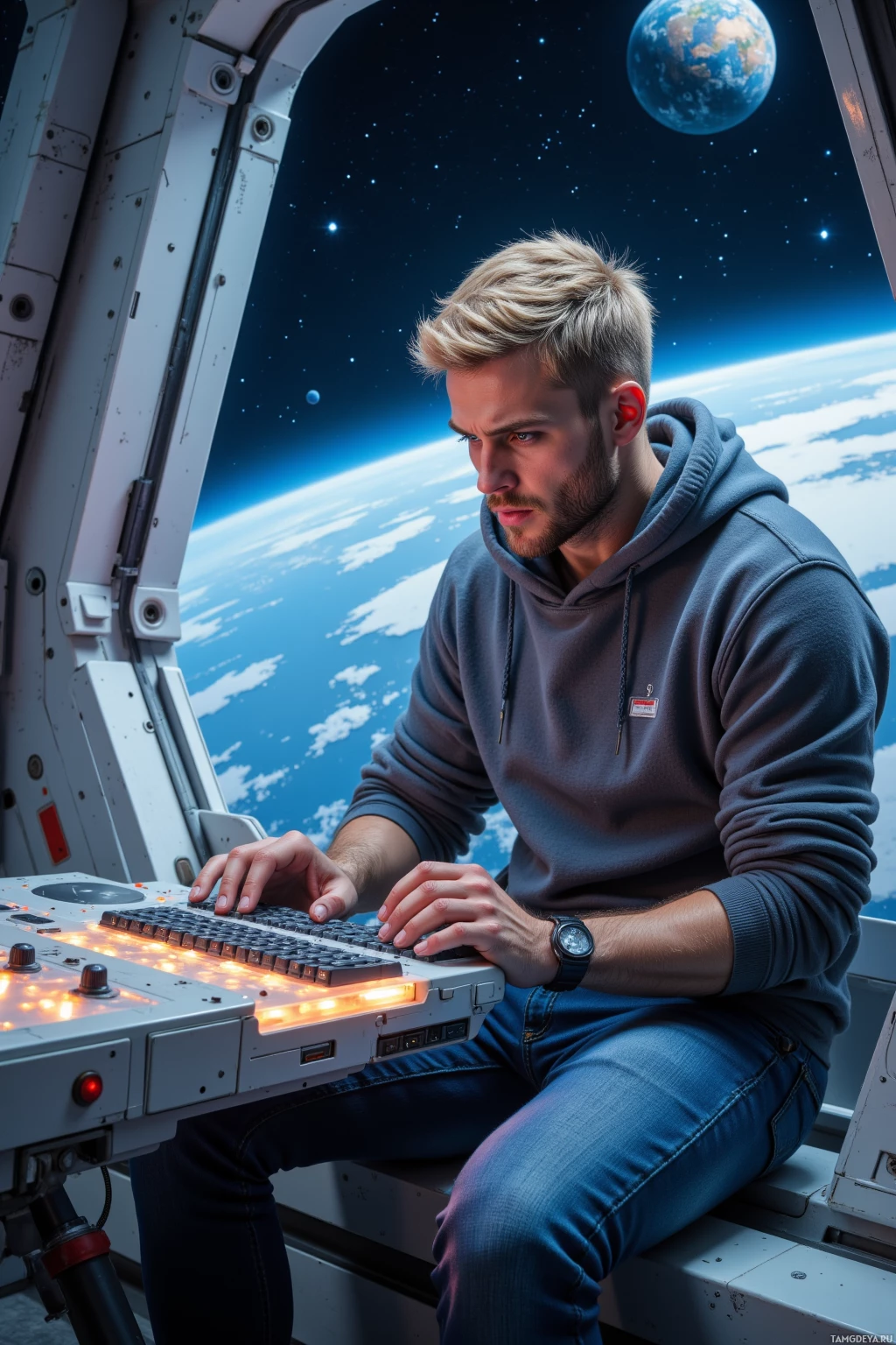 A person in a hoodie is seated at a control panel, with Earth visible through a window in the background.