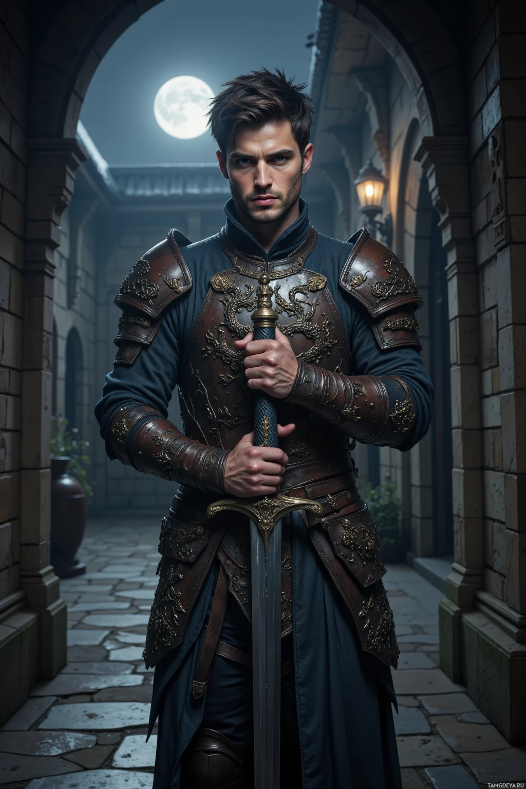 A knight in ornate armor stands in a stone archway under a full moon.