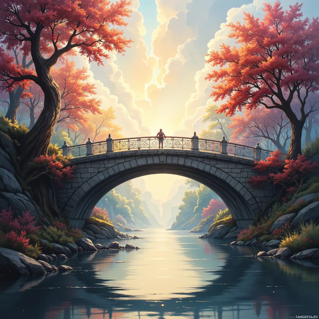 A serene landscape featuring a stone bridge over a calm river, surrounded by vibrant autumn foliage and a bright sky.