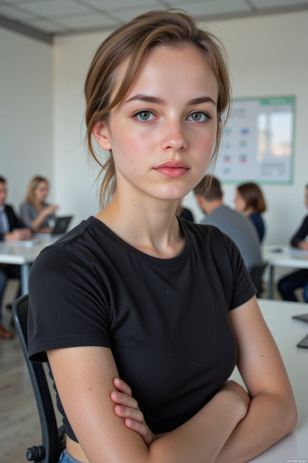 A young woman with her arms crossed sits in a classroom setting.