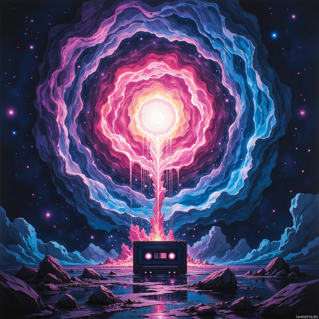 A surreal, cosmic scene featuring a glowing, multicolored portal above rocky terrain with a cassette tape emitting light.