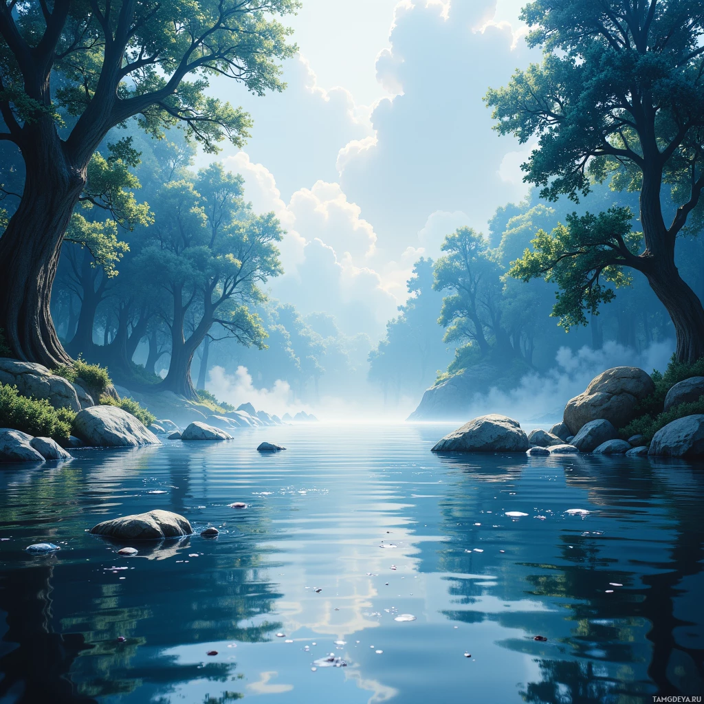 A serene river flows through a lush forest under a bright sky.