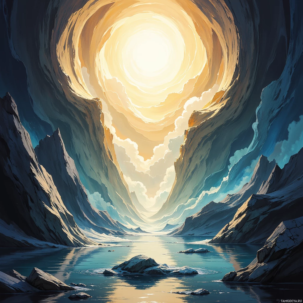 A serene landscape featuring a calm body of water surrounded by towering, rugged mountains under a dramatic sky with a radiant light source.