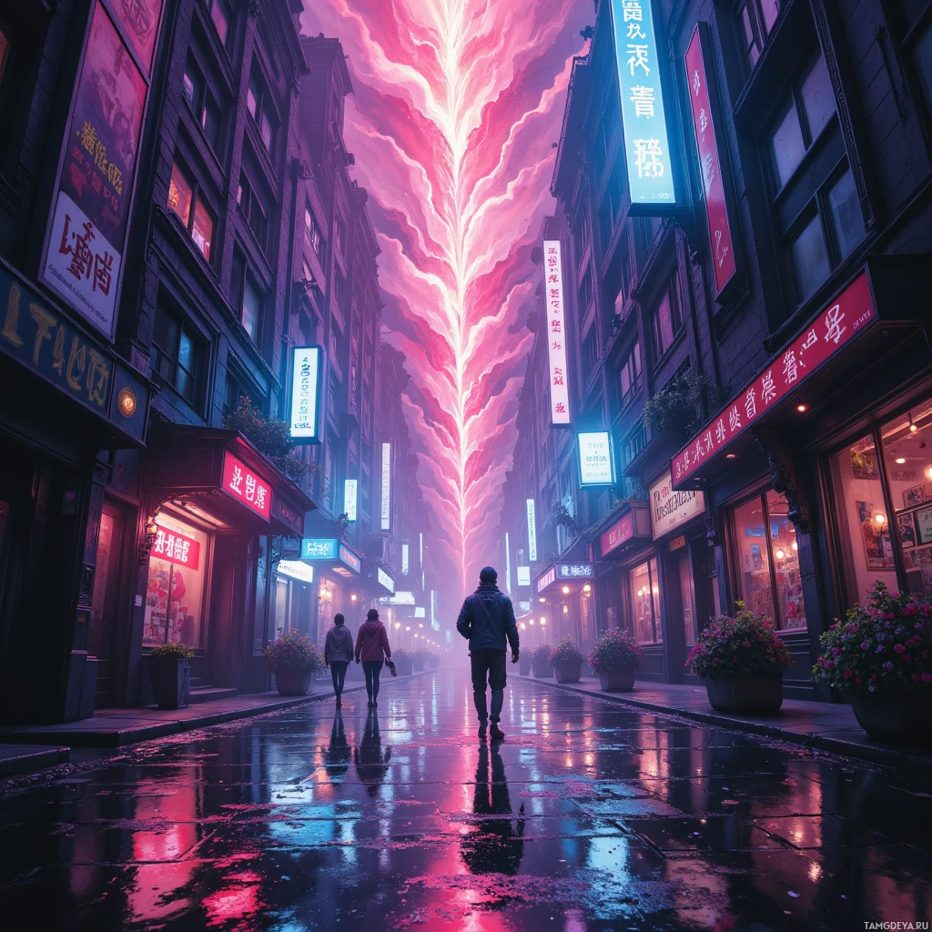 A rainy street scene with neon signs and a glowing pink light beam rising into the sky.
