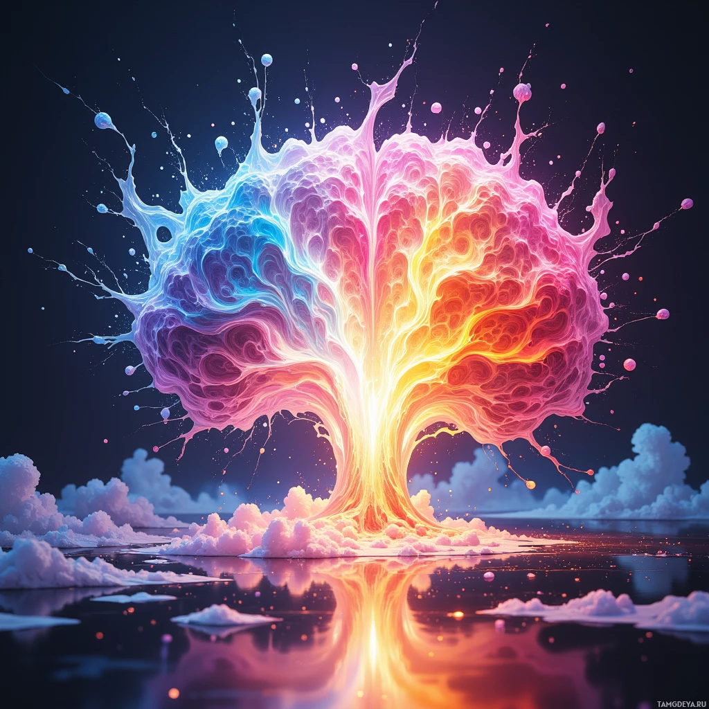 A vibrant, abstract tree with swirling colors and splashes of paint against a dark sky.