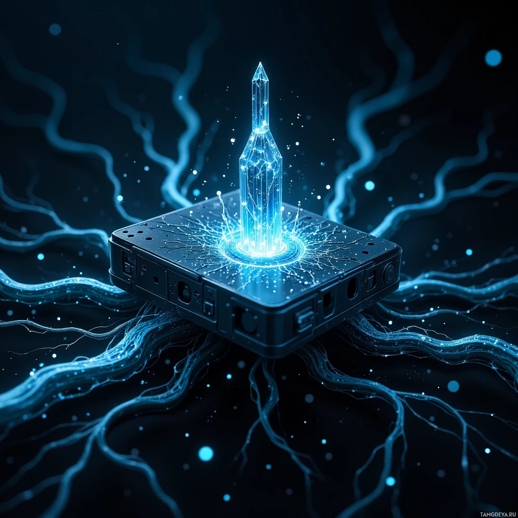 A glowing, futuristic device with a crystal-like structure emitting blue light and energy lines against a dark background.