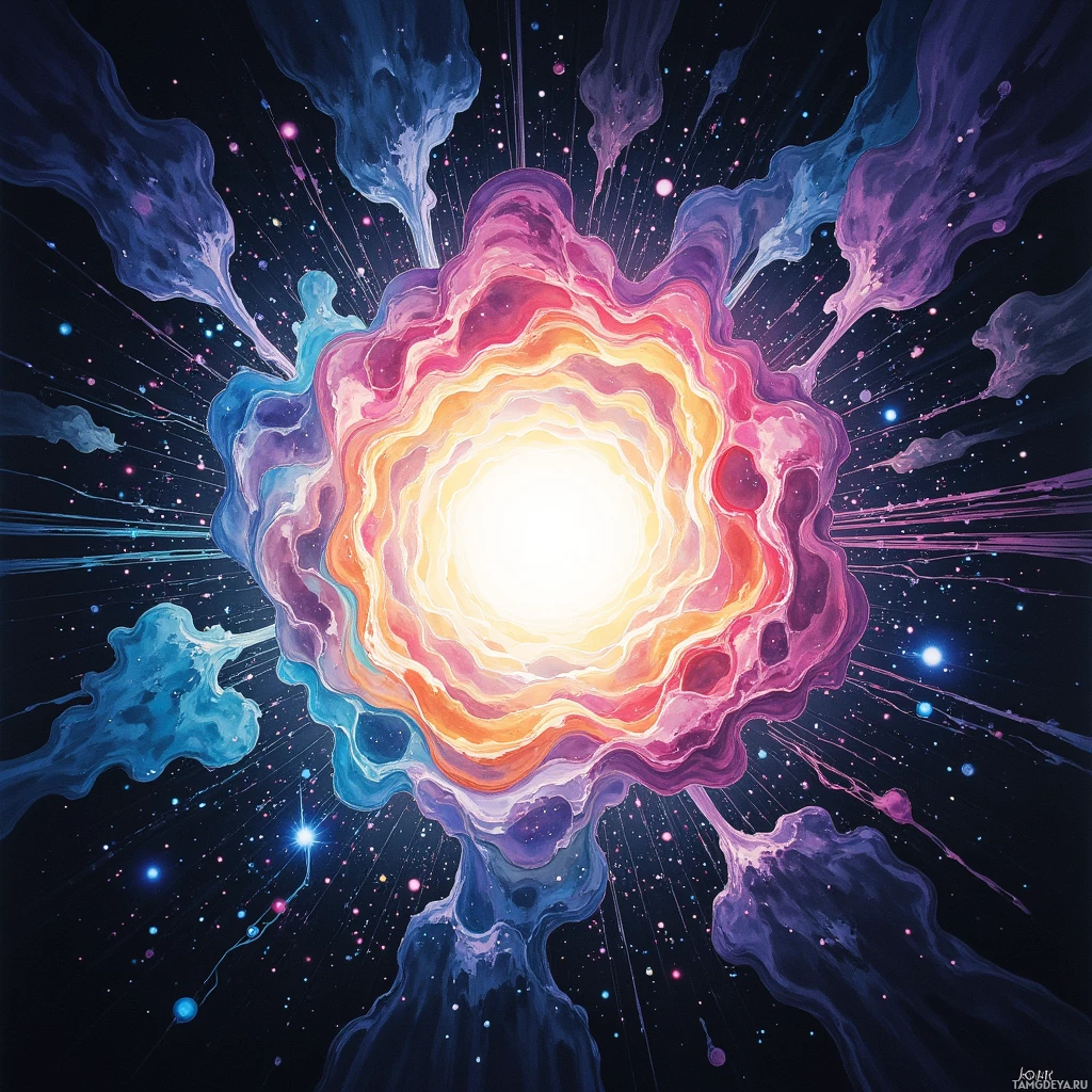 A vibrant cosmic explosion with swirling colors and star-like particles against a dark background.
