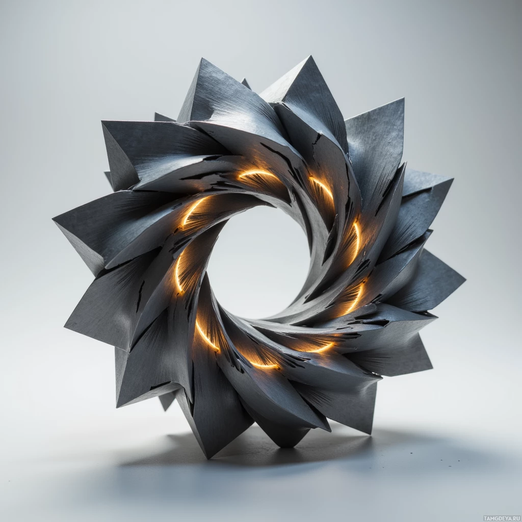A metallic, abstract sculpture with sharp, angular edges and a glowing interior.