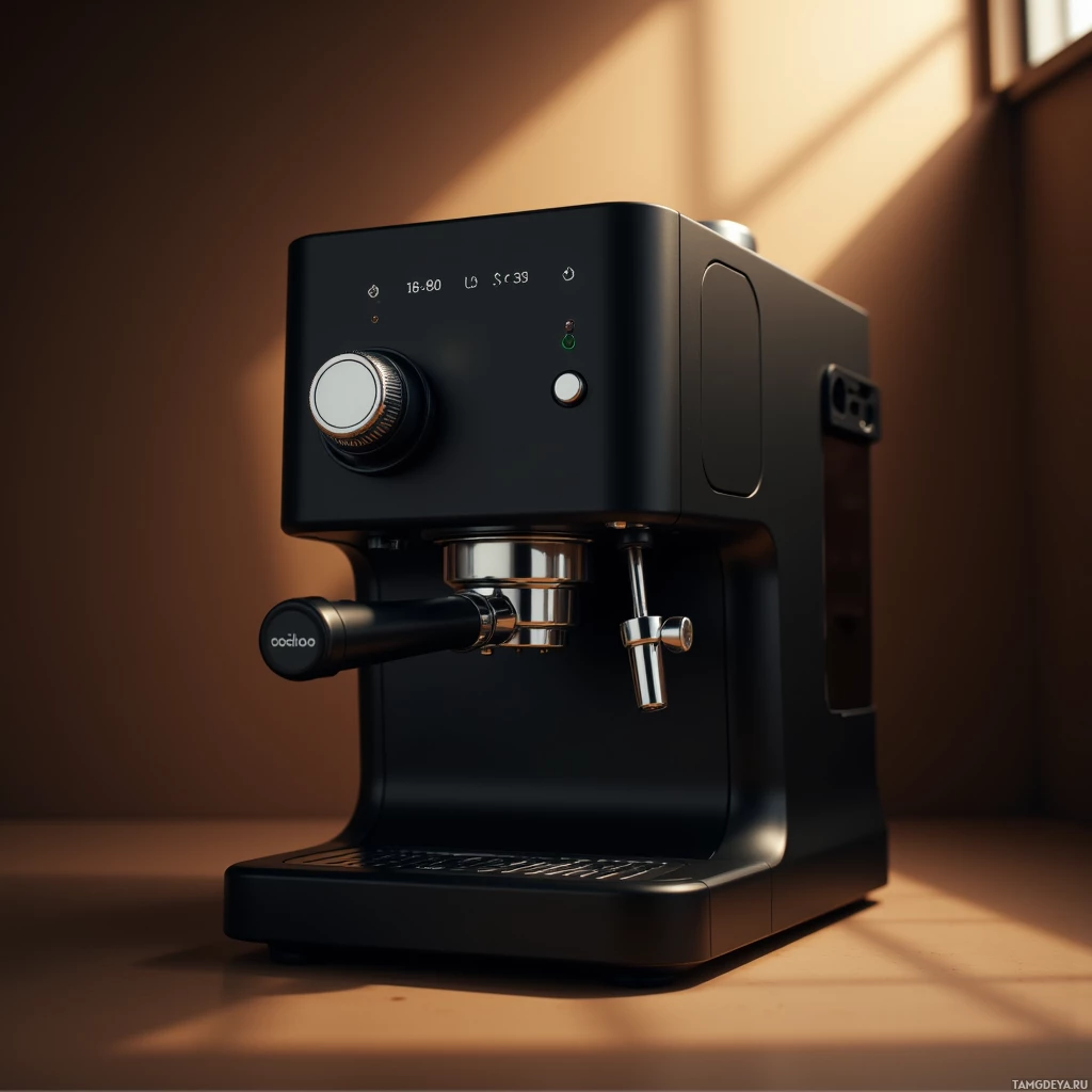 A sleek black espresso machine with a digital display and a single portafilter is shown in a softly lit room.