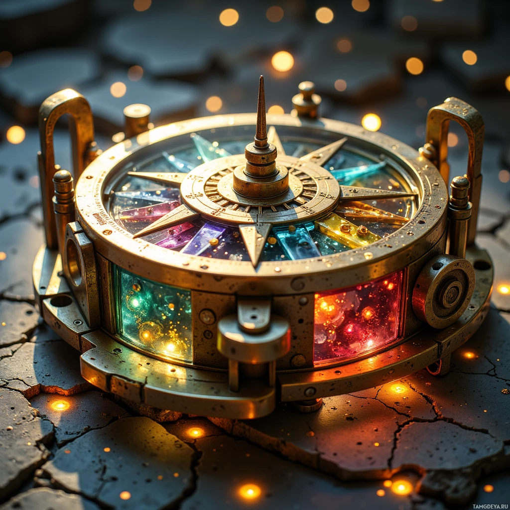 A detailed, ornate compass with glowing elements sits on cracked stone.