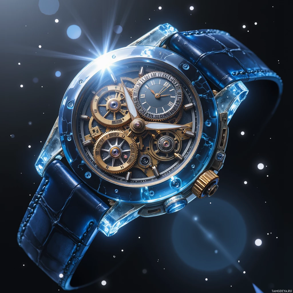 A luxurious wristwatch with a blue leather strap and intricate gold gears against a starry background.