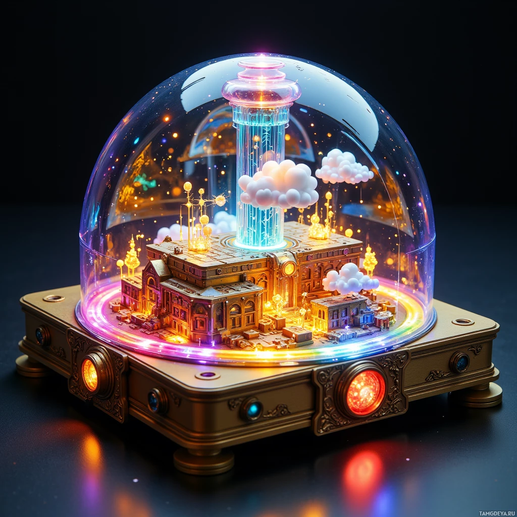 A miniature cityscape inside a glowing glass dome with colorful lights and floating clouds.