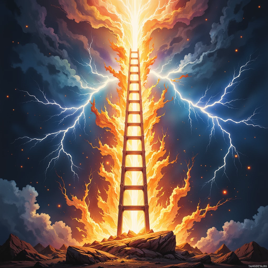 A ladder ascends into a fiery sky with lightning and clouds.