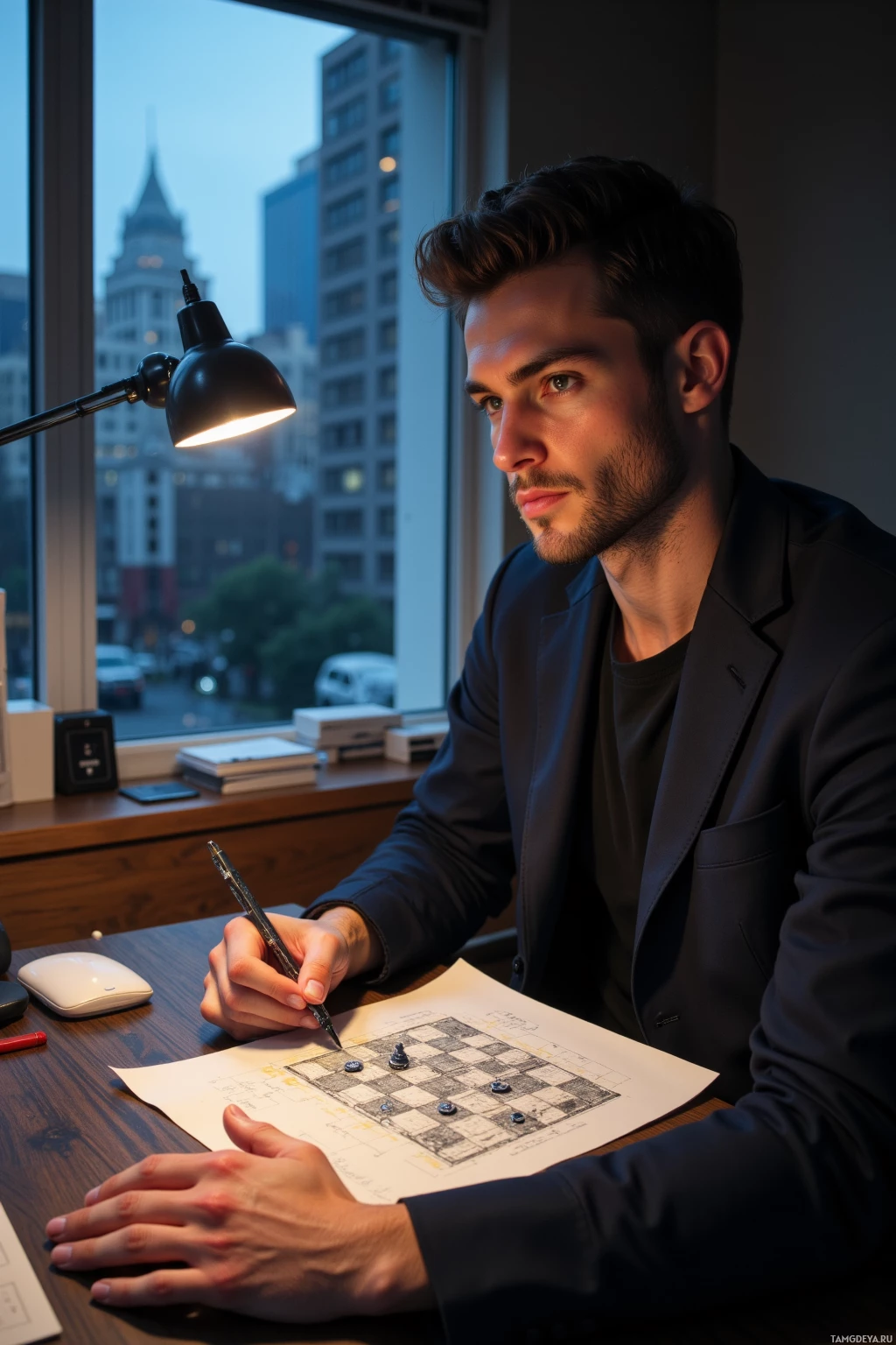 Realistic high quality photo. Male, 33, lean, raven black hair, blue eyes, wearing a dark tailored casual jacket and black T‑shirt, seated at a wooden desk in a quiet room, sketching layered strategy on paper while gazing out a window at a city grid that resembles a chessboard, late evening, calm and distant expression.