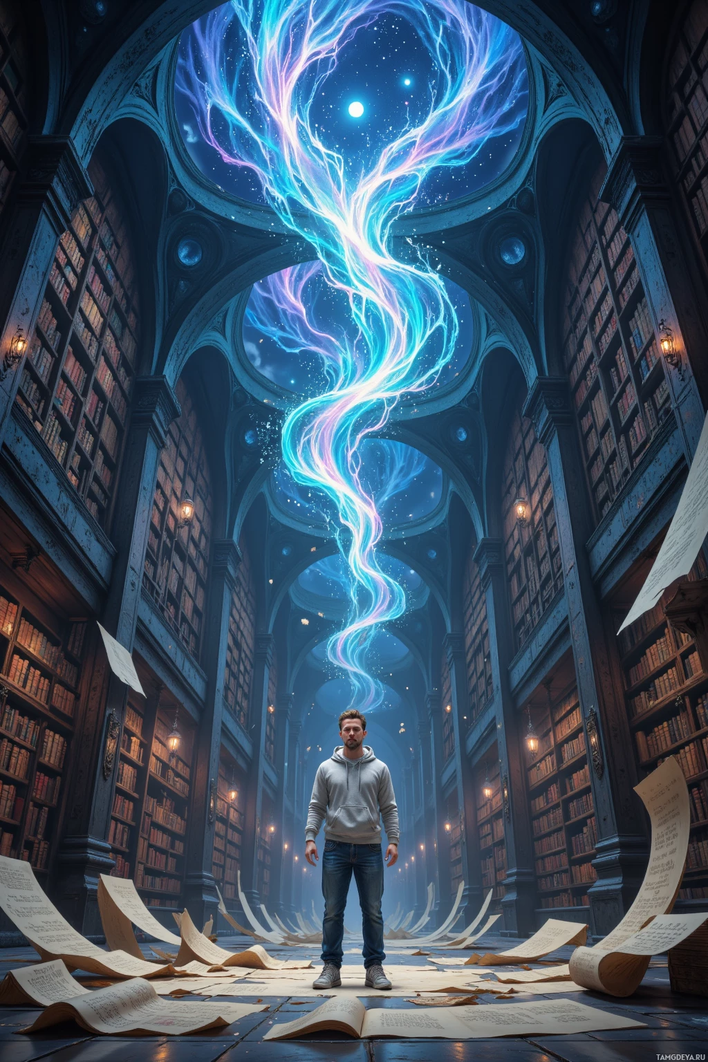 Realistic high quality photo. A 31‑year‑old man with short brown hair, blue eyes, fair skin, rounded features, wearing a casual hoodie and sneakers, stands in a moonlit, cavernous library of floating parchment, swirling firefly‑like glyphs rising from the pages as luminous ink trails form an unfinished, shifting galaxy above his quill.
