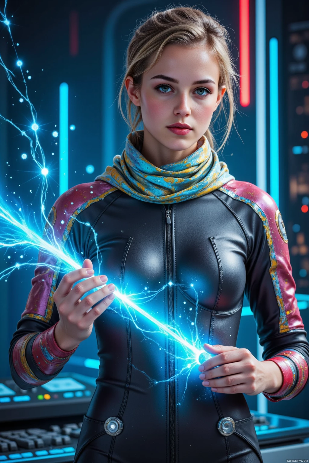 Realistic high quality photo. Female sonic architect, 30, short spiky light brown hair, green eyes, shimmering iridescent scarf, sleek futuristic jumpsuit with glowing sleeve bands, standing in a high‑tech studio chasing a blinking holo‑tape that shifts tempo, while a glitchy echo‑beam strikes her, holographic avatars giggling around her, ancient click sound waves swirling, and floating lullaby glyphs radiating in a sci‑fi atmosphere.