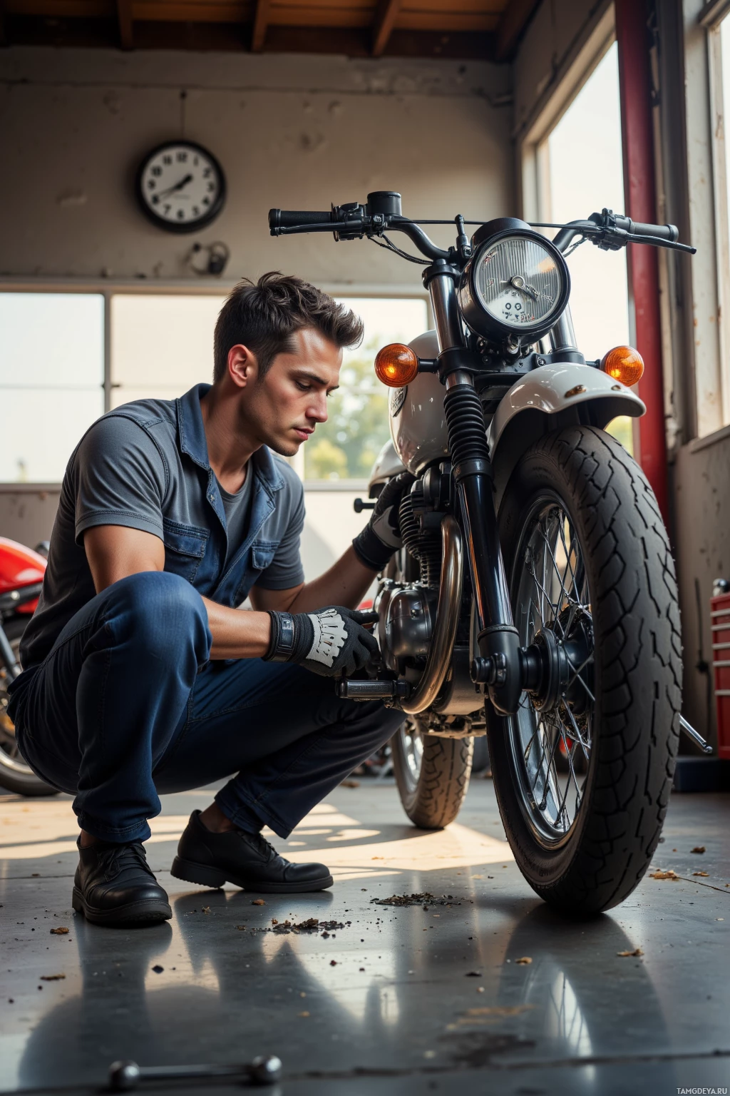 Realistic high quality photo. 29‑year‑old mechanic with short black hair, blue eyes, wearing mechanic overalls and work gloves, kneeling in a sunlit garage in the morning, tightening a bolt on a 500cc two‑stroke motorcycle, a tire pressure gauge reading 33 PSI, a wall clock showing 3:14, holding a wrench, surrounded by tools and motorcycle parts.
