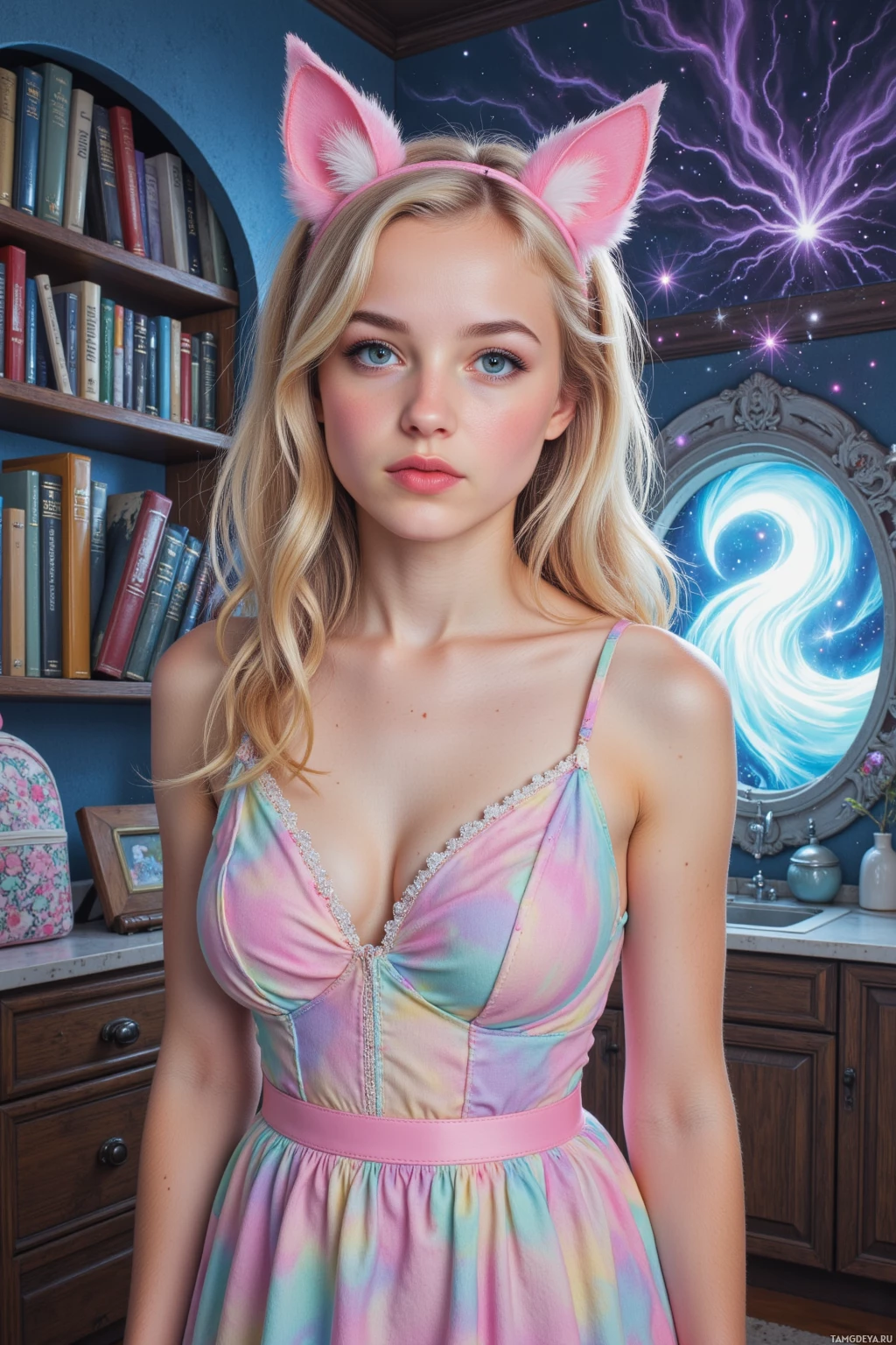 Realistic high quality photo. A whimsical 21‑year‑old woman with soft curly blonde hair, bright blue eyes, fair skin, wearing a pastel frilly dress and cat‑ear headband, standing in a kitchen transformed into a glittering dragon lair with a swirling glitter storm, a glowing portal behind a bookshelf, a backpack covered in doodles beside her, and floating pencils sprouting wings.