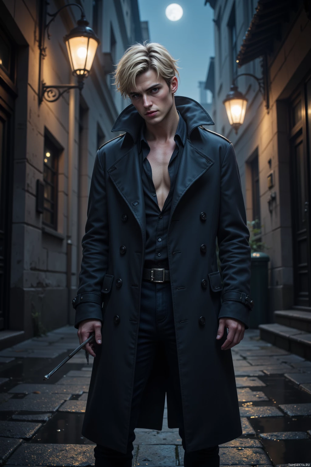 Realistic high quality photo. A 29‑year‑old male rogue with messy blonde hair and piercing red eyes, wearing a dark tailored trench coat with flapping cuffs, stands in a dimly lit urban alley at night, holding a silver lockpick, his expression playful and confident, surrounded by scattered streetlamps reflecting on wet pavement with moonlight casting a silver glow.