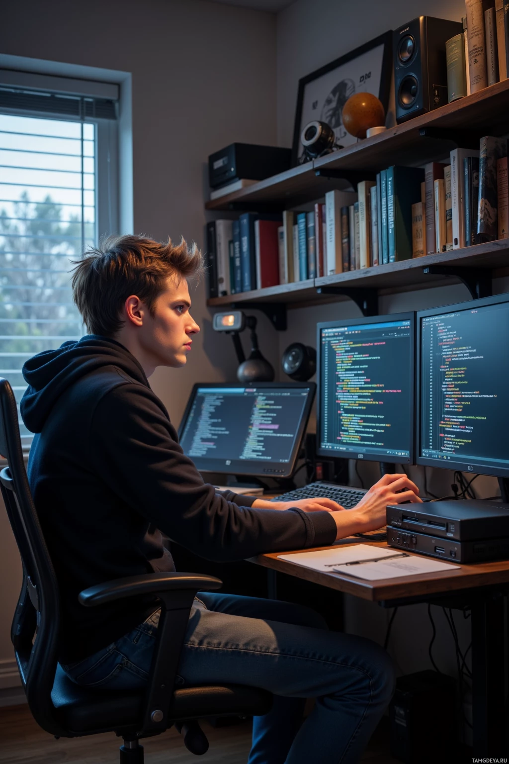 Realistic high quality photo. Male, 27, messy light‑brown hair, blue eyes, wearing a black hoodie and jeans, sitting late at a cluttered desk in a modern home office, multiple monitors displaying scrolling stack traces and hex code, surrounded by a shelf lined with old software manuals, leaning over a keyboard with a focused, irritated expression as the first light of sunrise peeks through blinds.