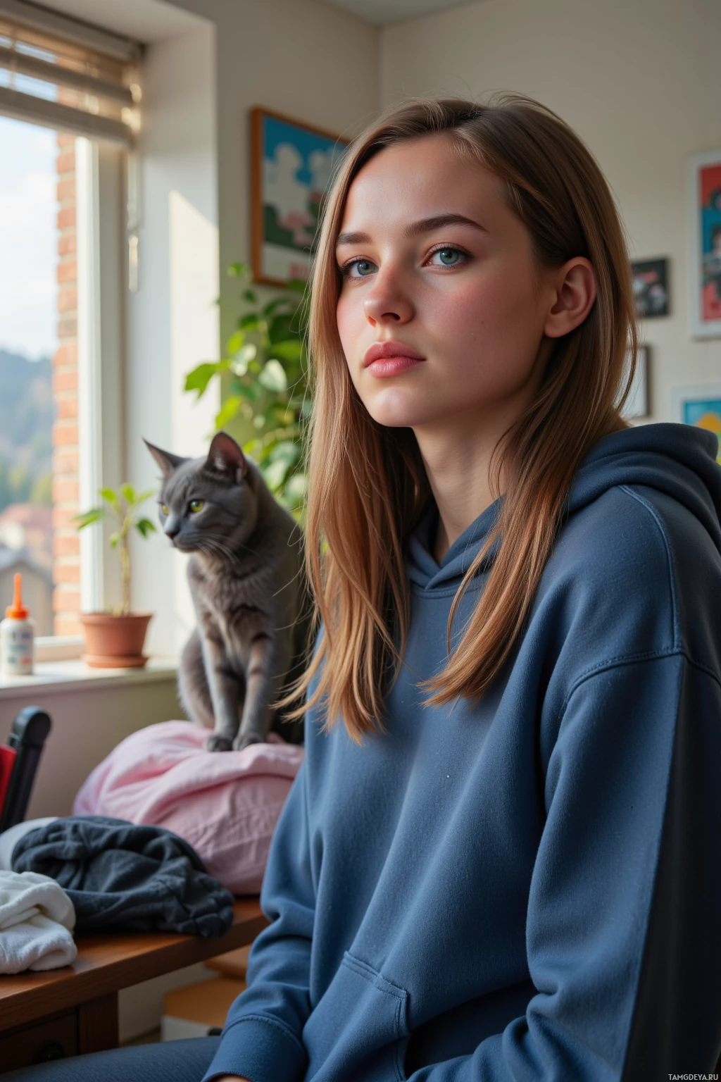 Realistic high quality photo. A 27‑year‑old woman with straight dark brown hair and blue eyes wearing a blue hoodie sits in a sunlit living room, a gray cat perched on a pile of laundry beside her, a potted plant in the corner bathed in light after she moved a wooden table, all captured in a calm, contemplative atmosphere.