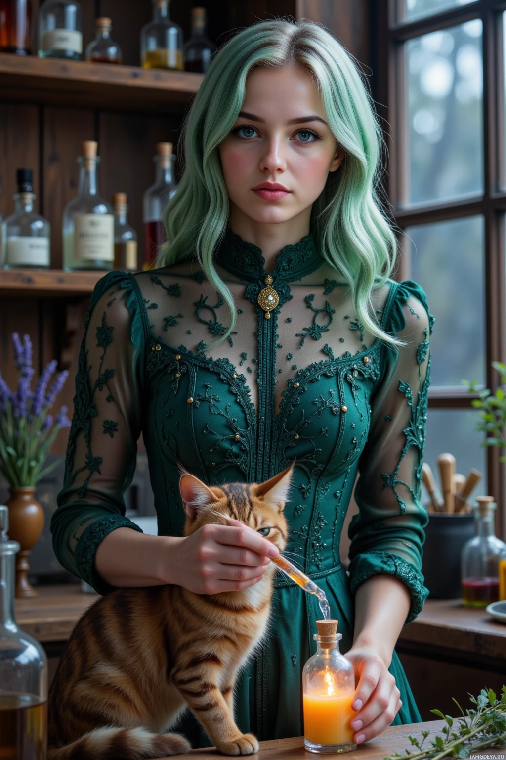Realistic high quality photo. A 30‑year‑old woman with green ombre hair in soft waves, pale skin, deep blue eyes, wearing a long dark green Victorian lace dress with pearls and a golden brooch, stands in a dimly lit perfume laboratory surrounded by glass bottles and lavender sprigs, while a mischievous cat leans over a bubbling vial as she stirs a glowing fragrance under moonlit rain outside the window.
