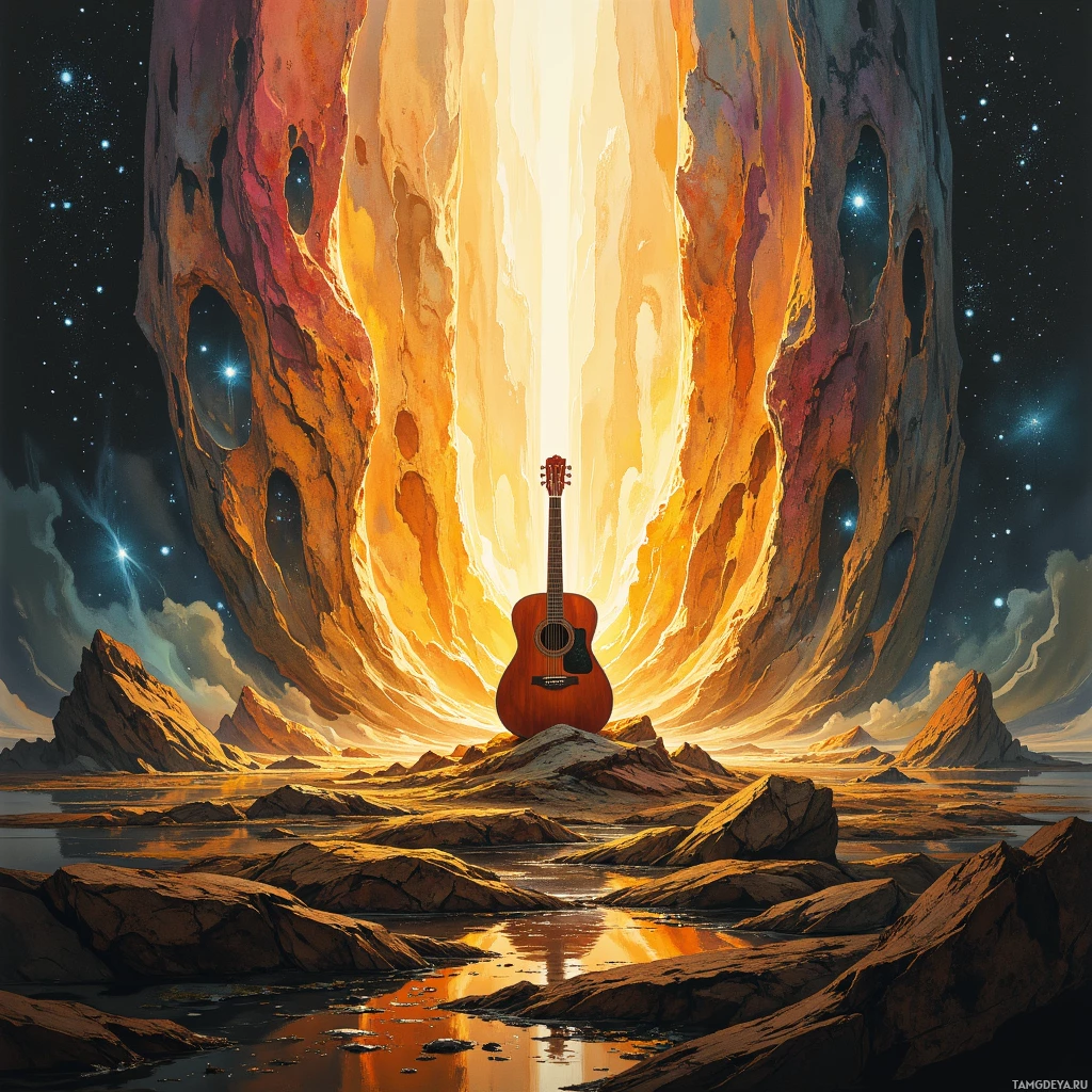 Semi-abstract image with many empty light space at center of beautiful background, that is suitable for the post:  The guitar’s echo is a broken compass, pointing toward nowhere but still guiding my weary soul.