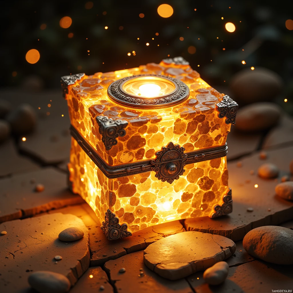 Semi-abstract image with many light, that is suitable for the post:  Tiny crystal box resembling a pearl in honey‑colored glass, with a sleek silver dial and glowing button, emitting a subtle holographic glow and shifting iridescent tones, compact and elegant.