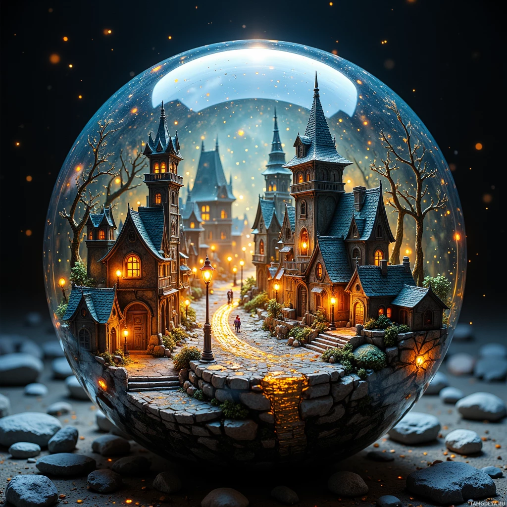 Semi-abstract image with many light, that is suitable for the post:  Translucent glass sphere filled with a miniature hand‑crafted city of repurposed glass beads, tiny streets, flickering streetlamps, hidden alleyways and bridges, rotating slowly on a concealed gyroscope.