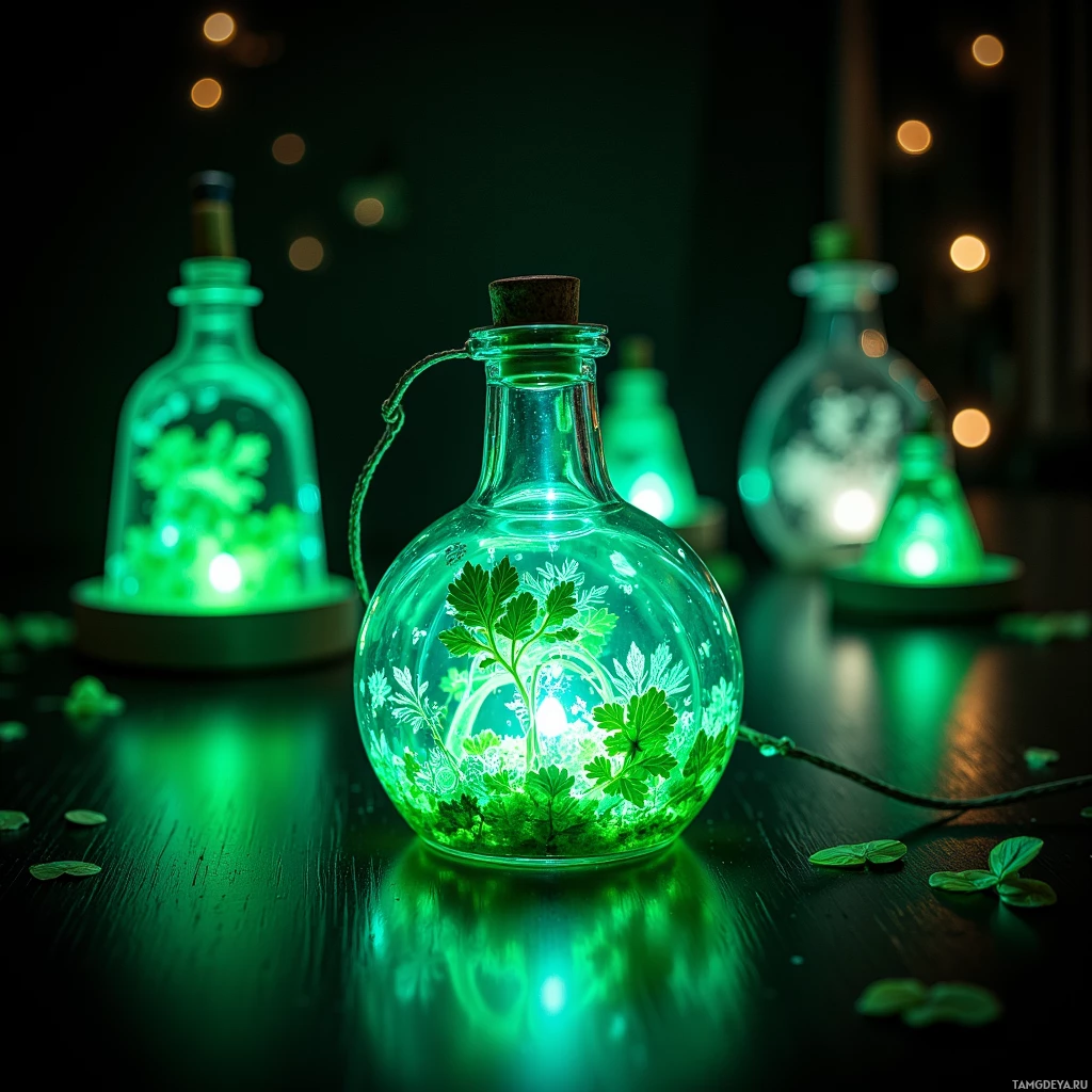 Semi-abstract image with many light, that is suitable for the post:  tiny translucent dome lantern crafted from recycled glass bottle with integrated solar cells, core of glowing green bioluminescent biofilm, pulsing eco‑friendly light in a pocket‑sized, whimsical design