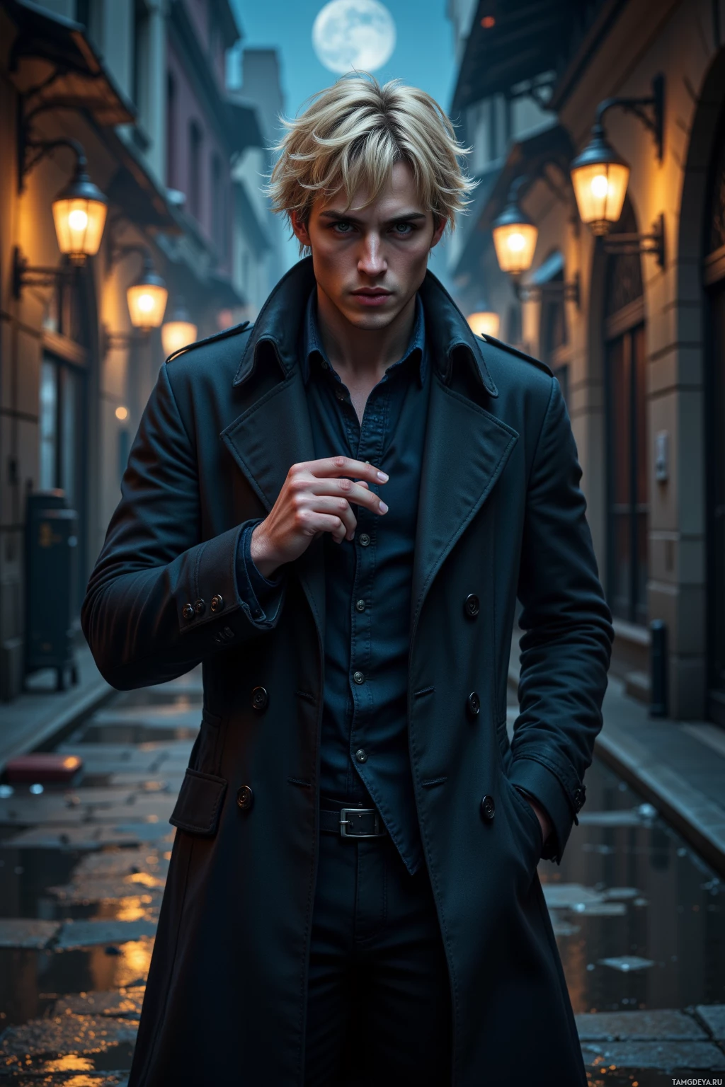A person in a dark trench coat stands on a wet street under moonlight.