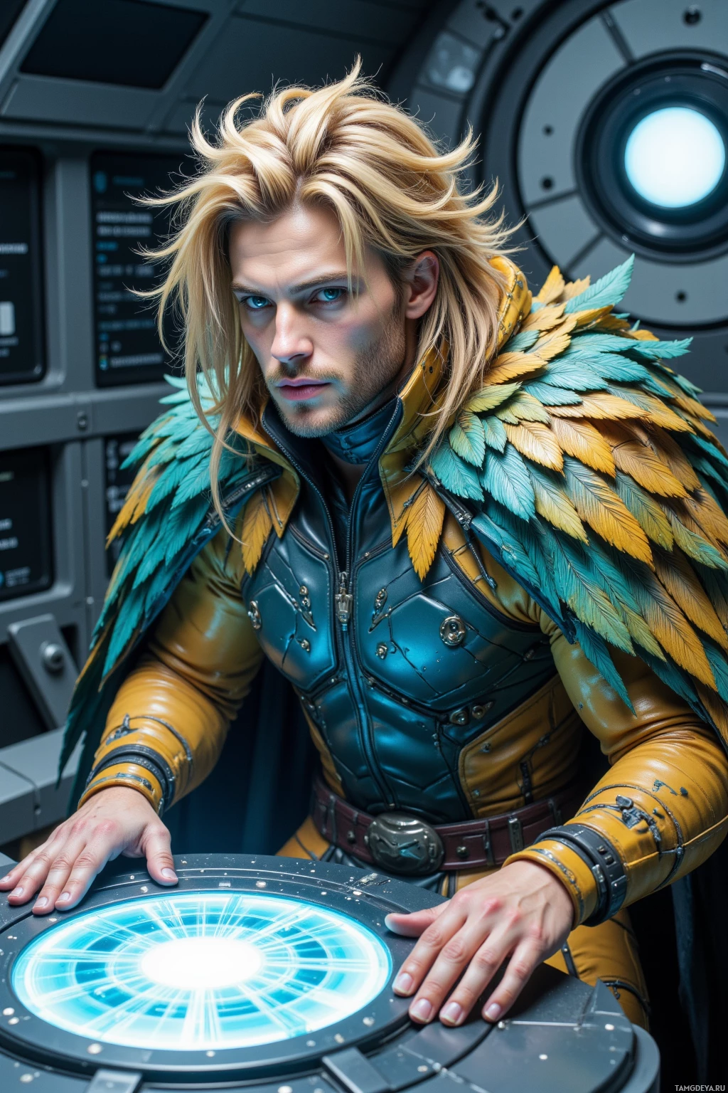 A person in a futuristic outfit with feathered wings stands in front of a glowing circular device.