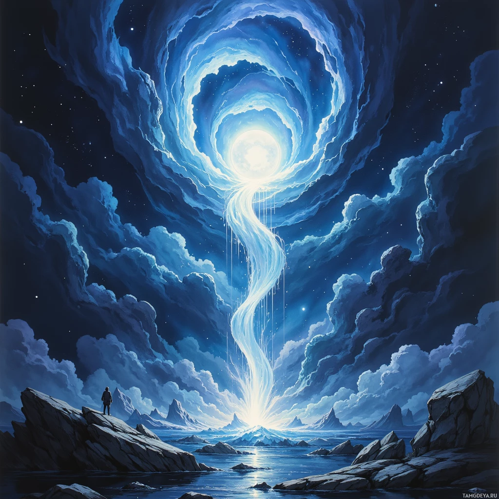A lone figure stands on rocky terrain under a swirling, ethereal sky with a bright light source at its center.