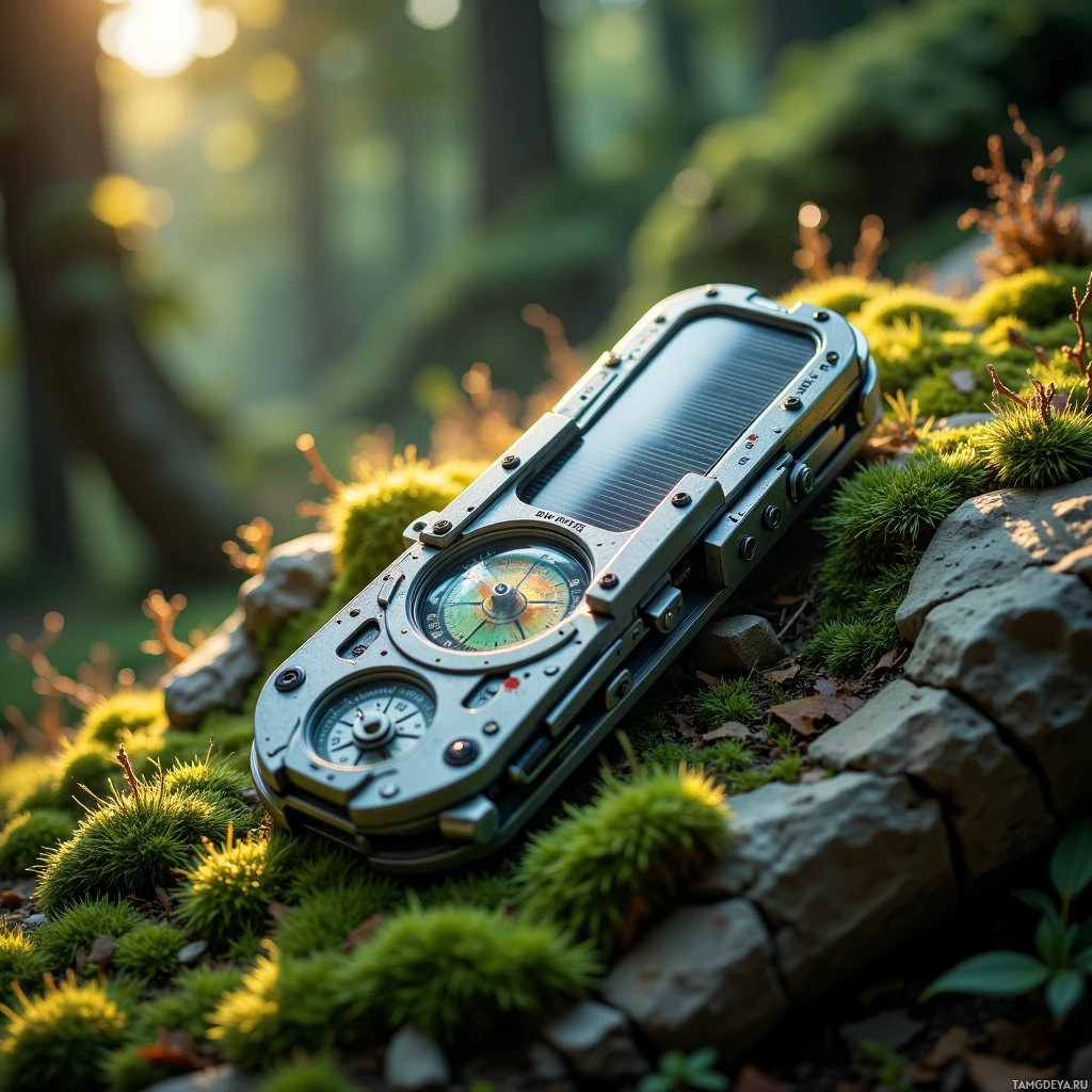 A rugged, solar-powered device with a compass and other features rests on moss-covered rocks in a forest setting.