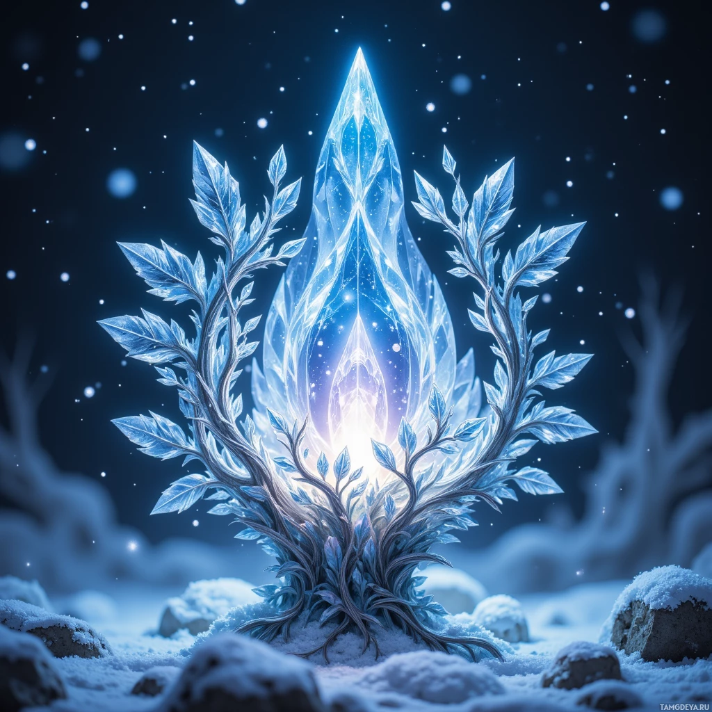 A glowing ice crystal surrounded by frosty branches in a snowy landscape at night.