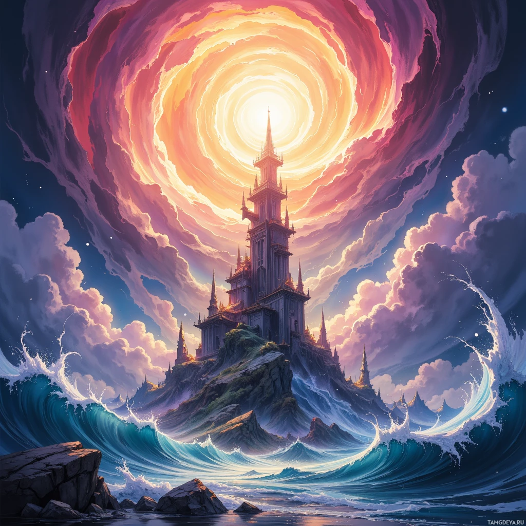 A fantastical scene featuring a castle on a cliff surrounded by swirling clouds and crashing waves.