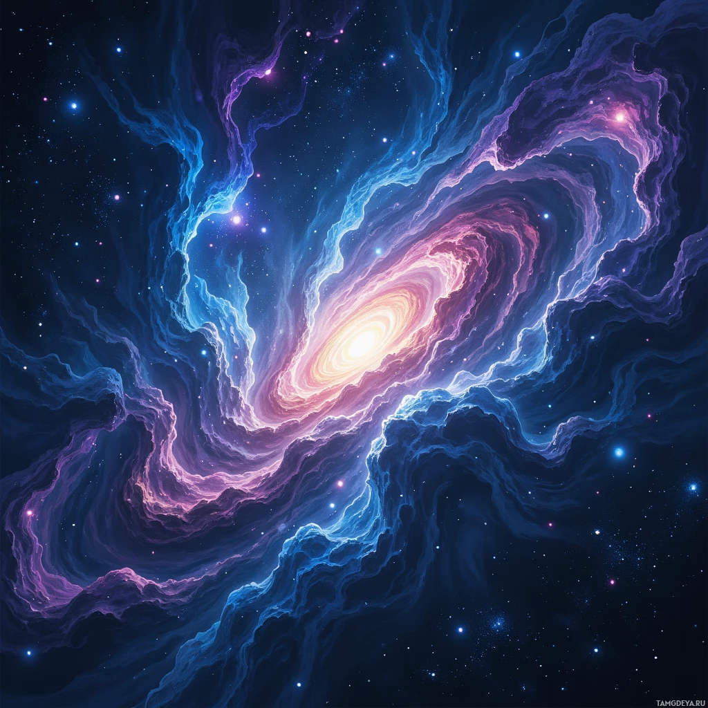 A swirling galaxy with vibrant colors and starry background.