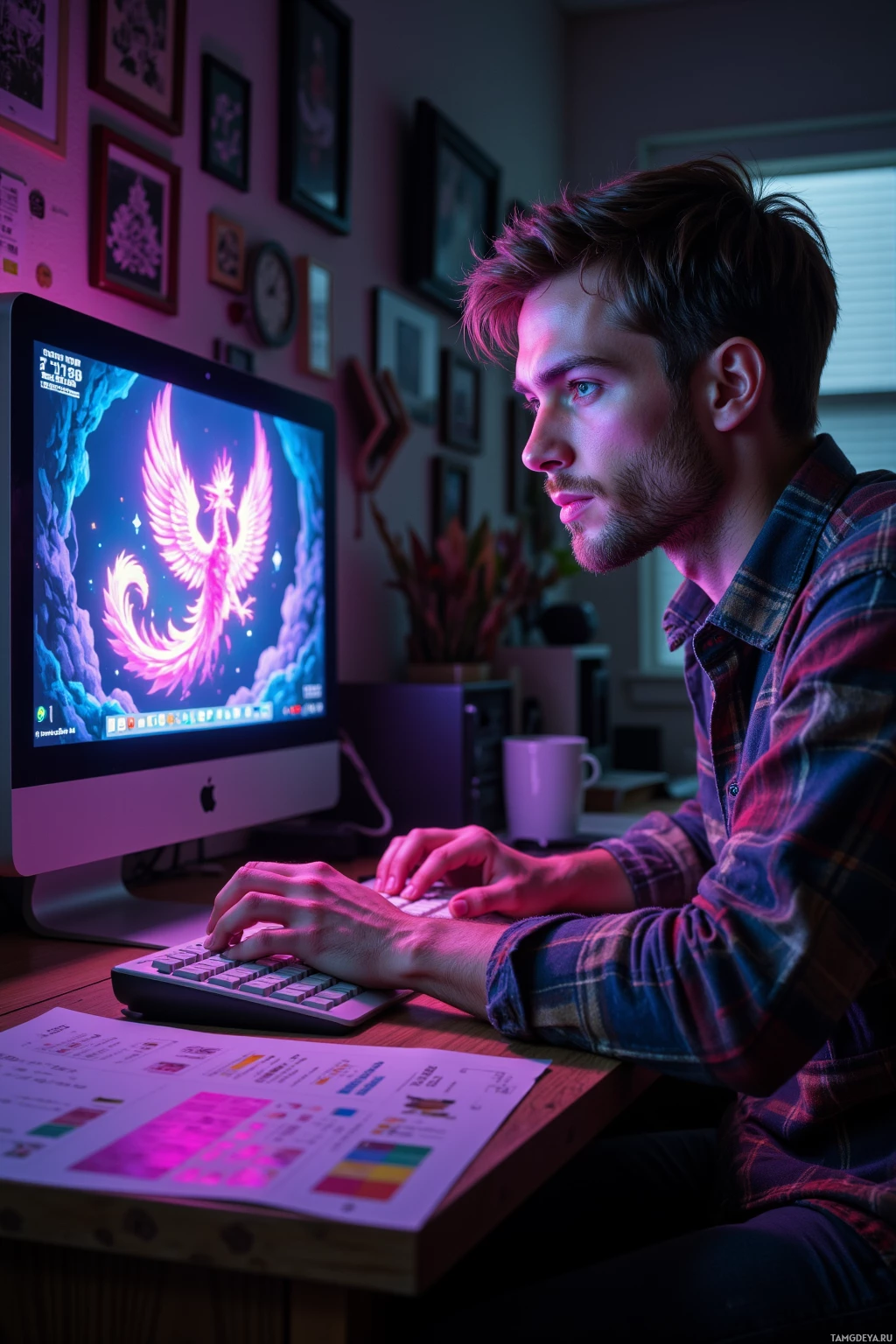 A person is sitting at a desk, working on a computer with a colorful screen displaying a phoenix.