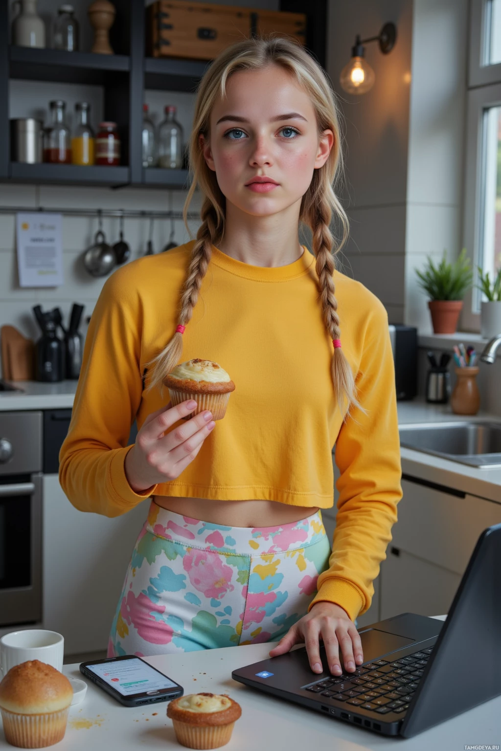 A person in a yellow top and colorful leggings holds a cupcake while using a laptop at a kitchen counter.