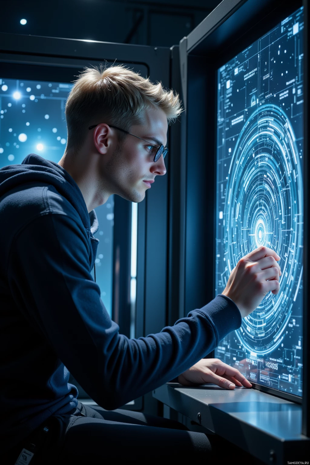 A person is interacting with a futuristic digital interface.