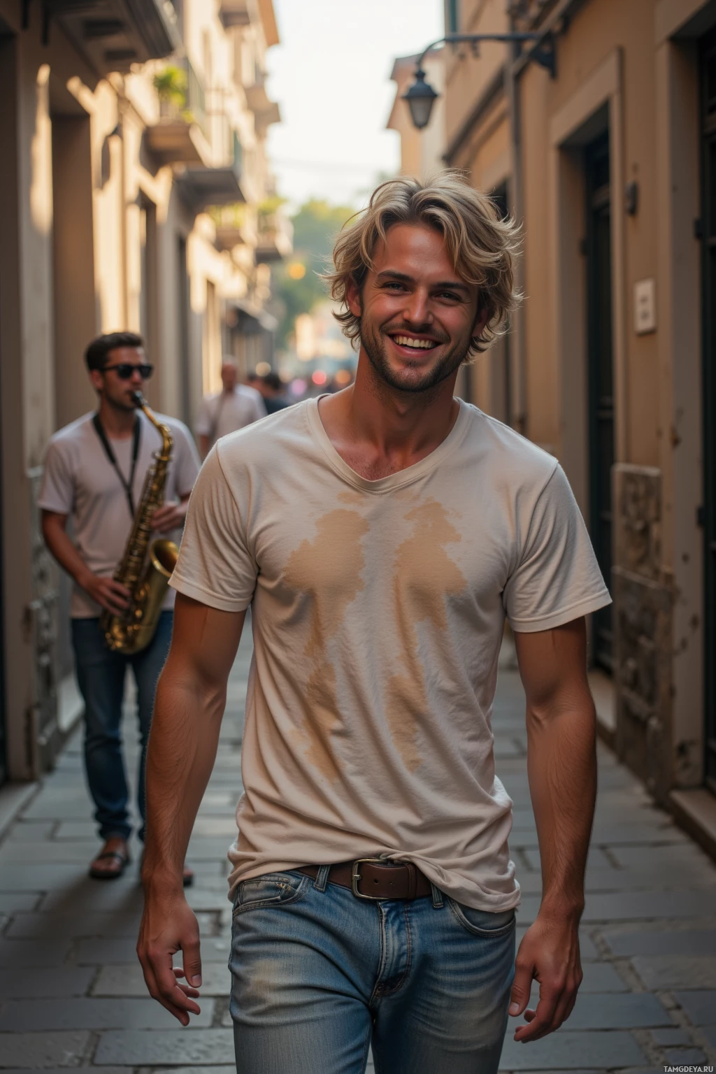 A man in a beige t-shirt and jeans smiles while walking down a street with another person playing a saxophone in the background.