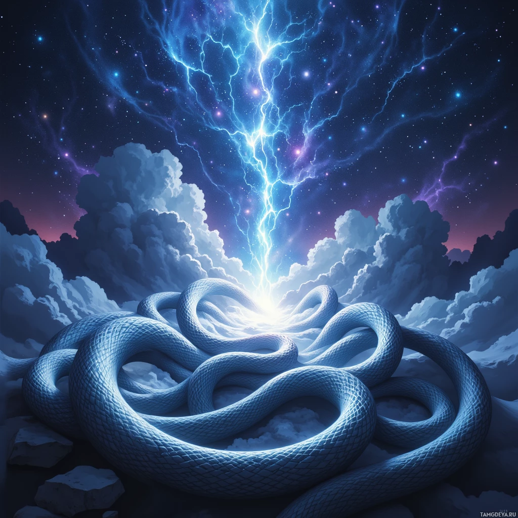 A swirling blue snake in a night sky with lightning and clouds.