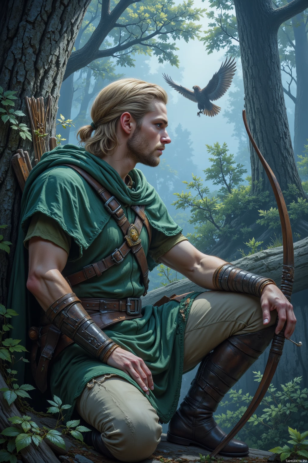 A person in a green tunic and leather armor sits on a log in a forest, with a bow and quiver nearby and an eagle flying in the background.
